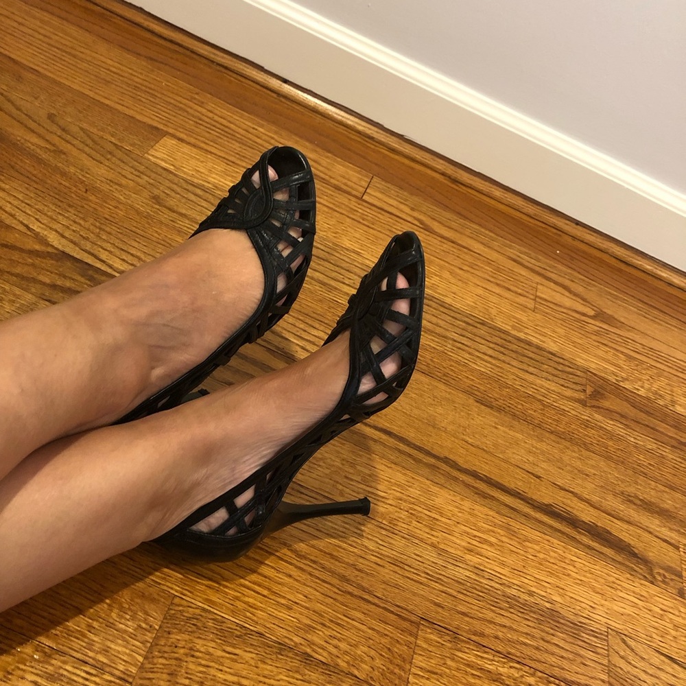 BCBG girls black leather cage peep toe heels size 6.5.